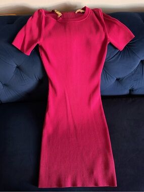 Michael Kors Ribbed Short-Sleeve Midi Dress in Hot Pink